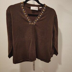 First Issue Women's V-Neck 3/4 Sleeve Top Embellished with Jewels Brown